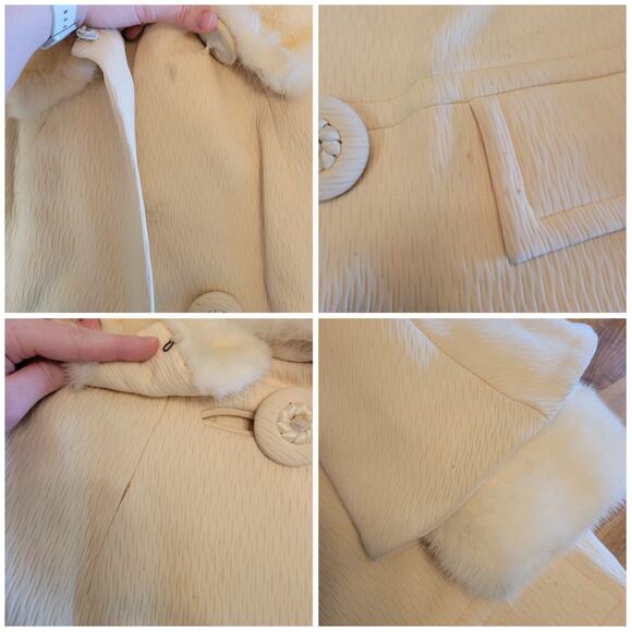 Vintage 50s 60s Cream Button Up Coat with Real Fur Collar and Cuffs, M - Picture 4 of 8